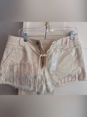 Altar'd State Cream Denim Shorts with Pink and Gray Stripe Insets